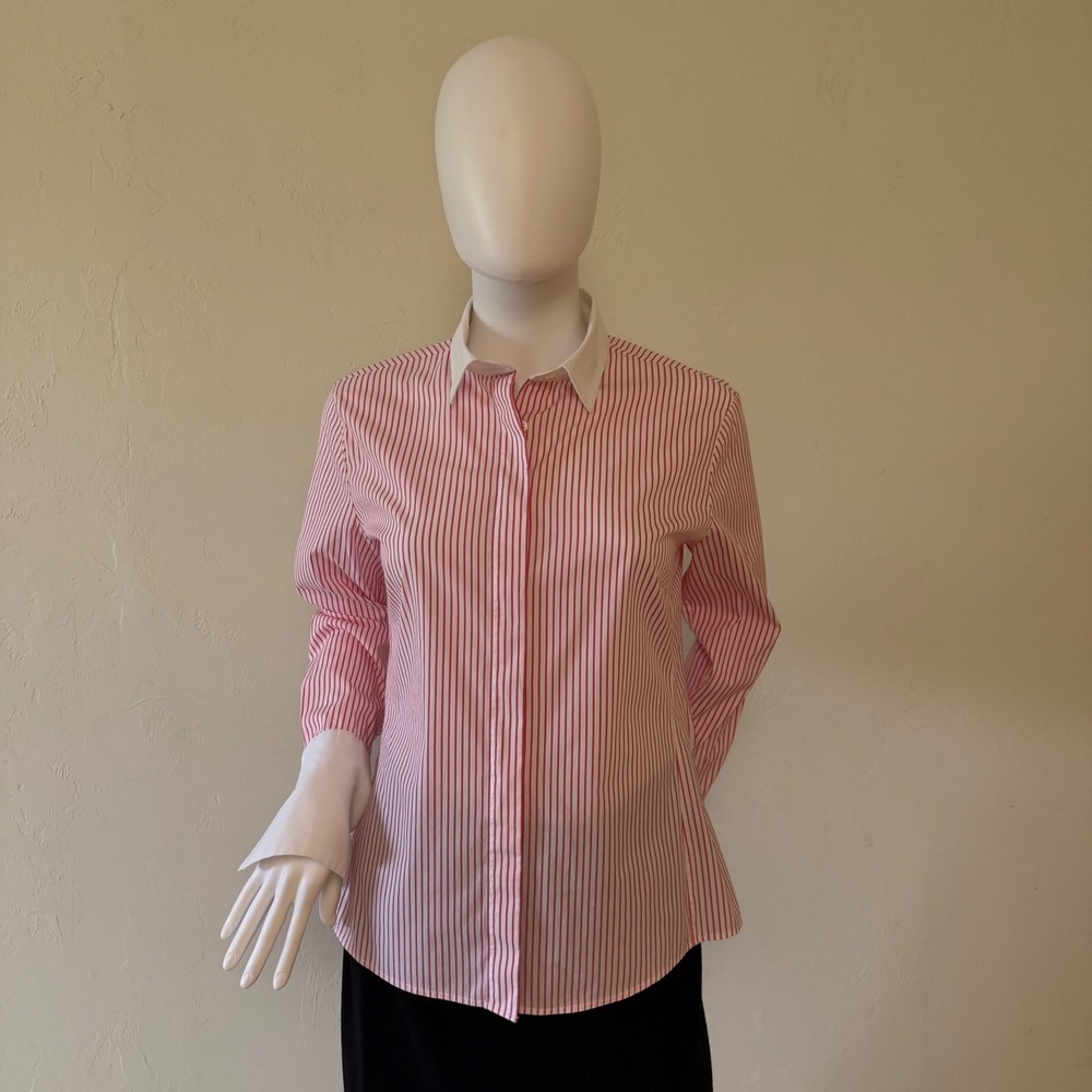 Faconnable Womens‎ Pink White Striped Button Down Shirt Contrast Collar Size 2